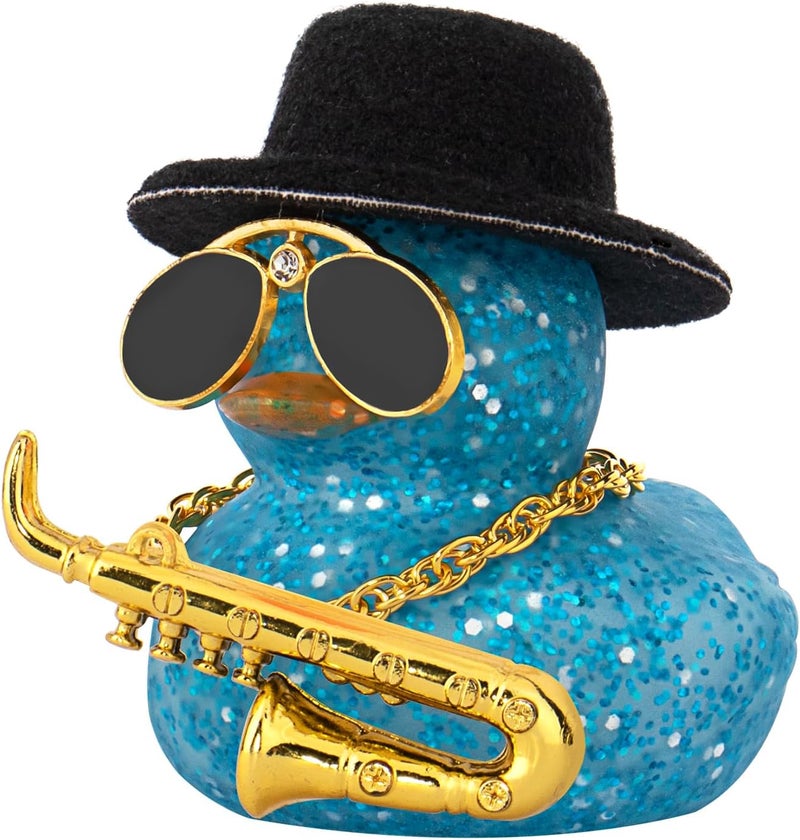 wonuu Car Dashboard Ducks, Saxophone Decor Rubber Duck Car Ornaments with Mini Top Hat Necklace Sunglasses (Light Blue) - Image 1